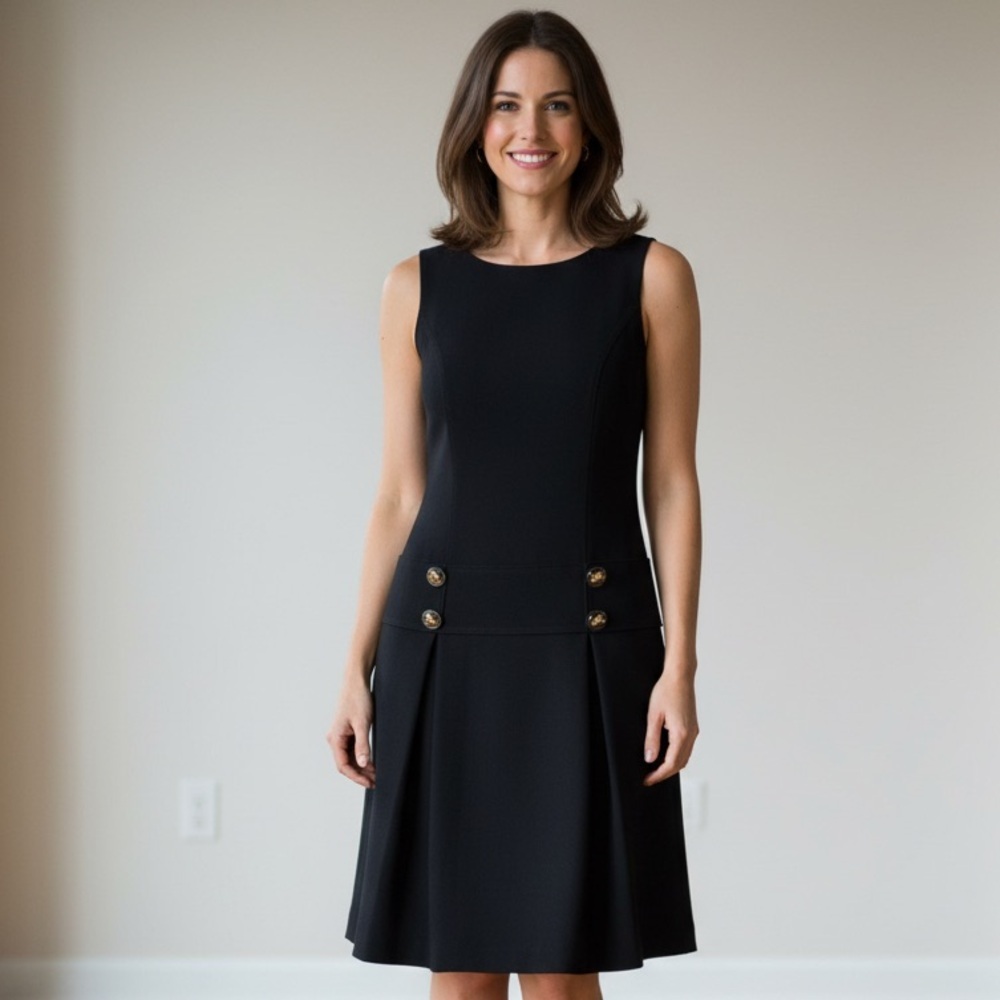 Eliza J Sz 6 Black 70’s Inspired Pleated Skirt Classic Dress